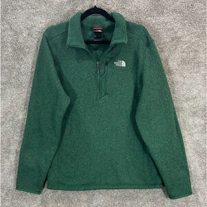 The North Face Sweater Mens Large Green Marled 1/4 Zip Mock Neck Zip Pockets